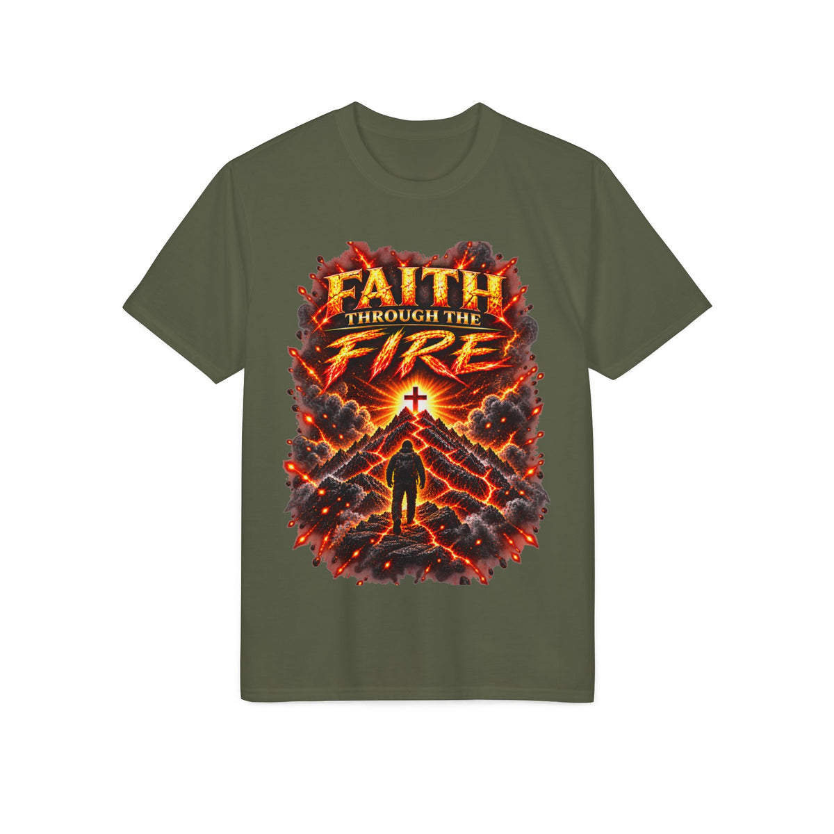 Front & Back: Faith Through The Fire™ Mountain Journey performance Tee Front & Back