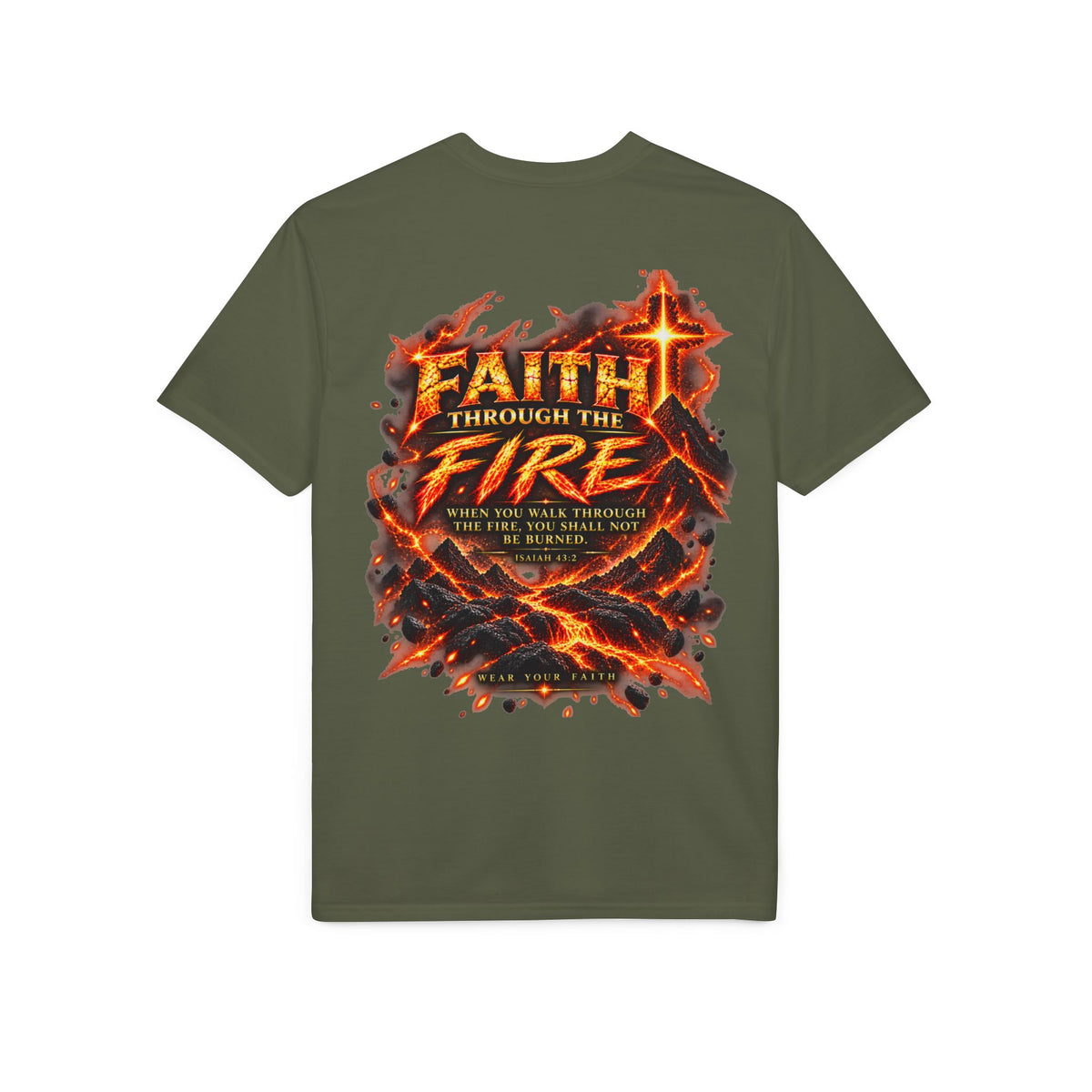 Front & Back: Faith Through The Fire™ Mountain Journey performance Tee Front & Back