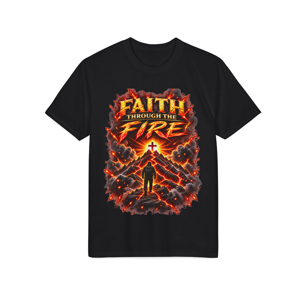 Front & Back: Faith Through The Fire™ Mountain Journey performance Tee Front & Back